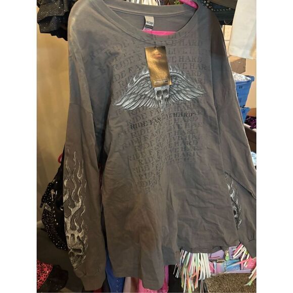 Hot Leathers Men’s Ride Fast Live Hard Skull Biker LS Top - Picture 1 of 5